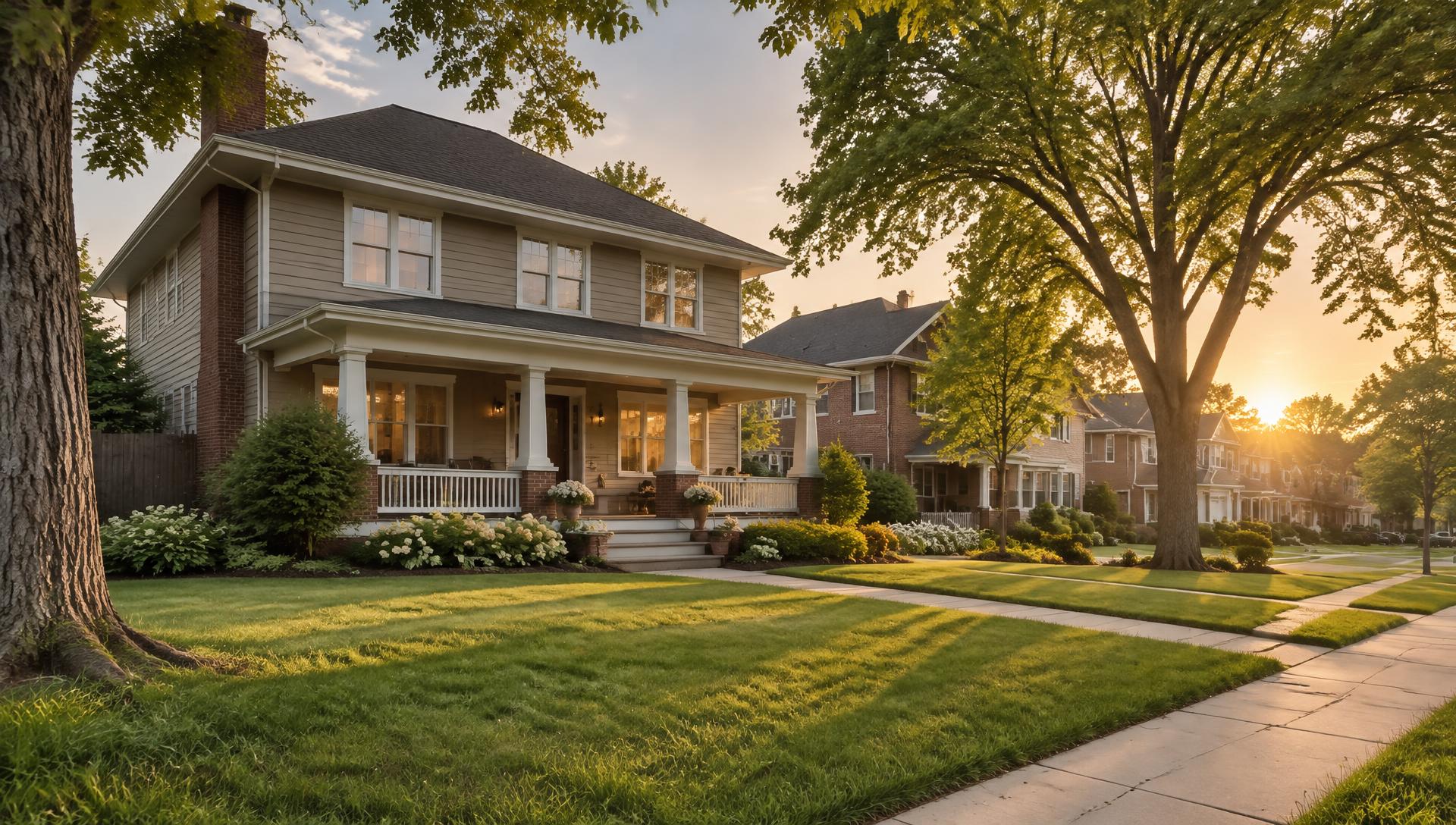 Two-story Nebraska home with a front porch on a tree-lined Midwestern street at golden hour