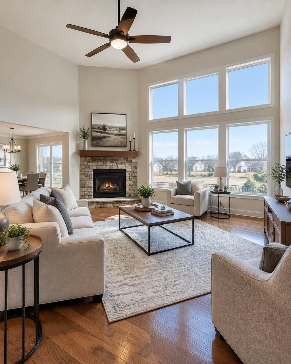 Bright living room with a fireplace and hardwood floors, staged for sale