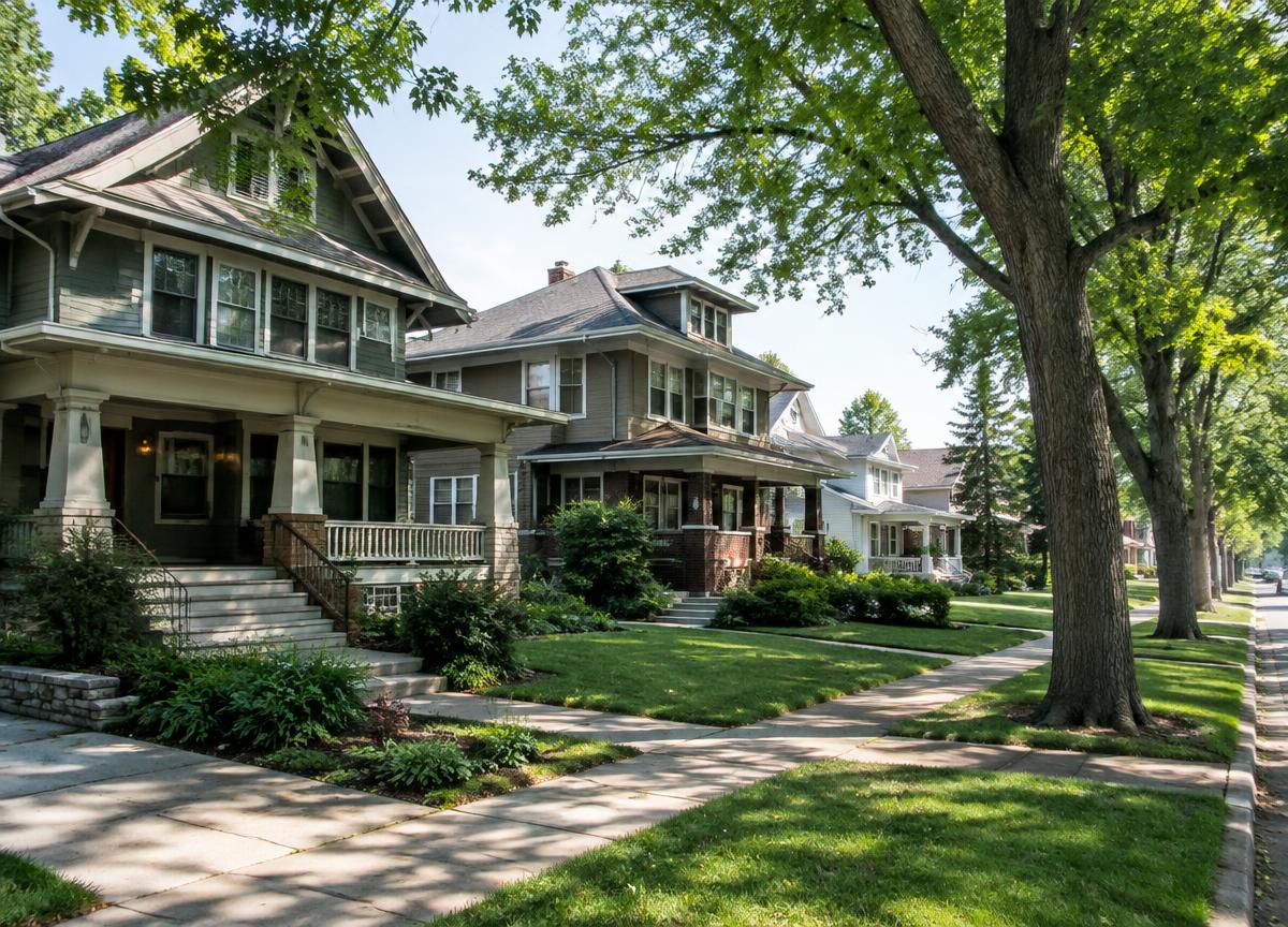 Tree-lined Nebraska residential street with porches and front lawns